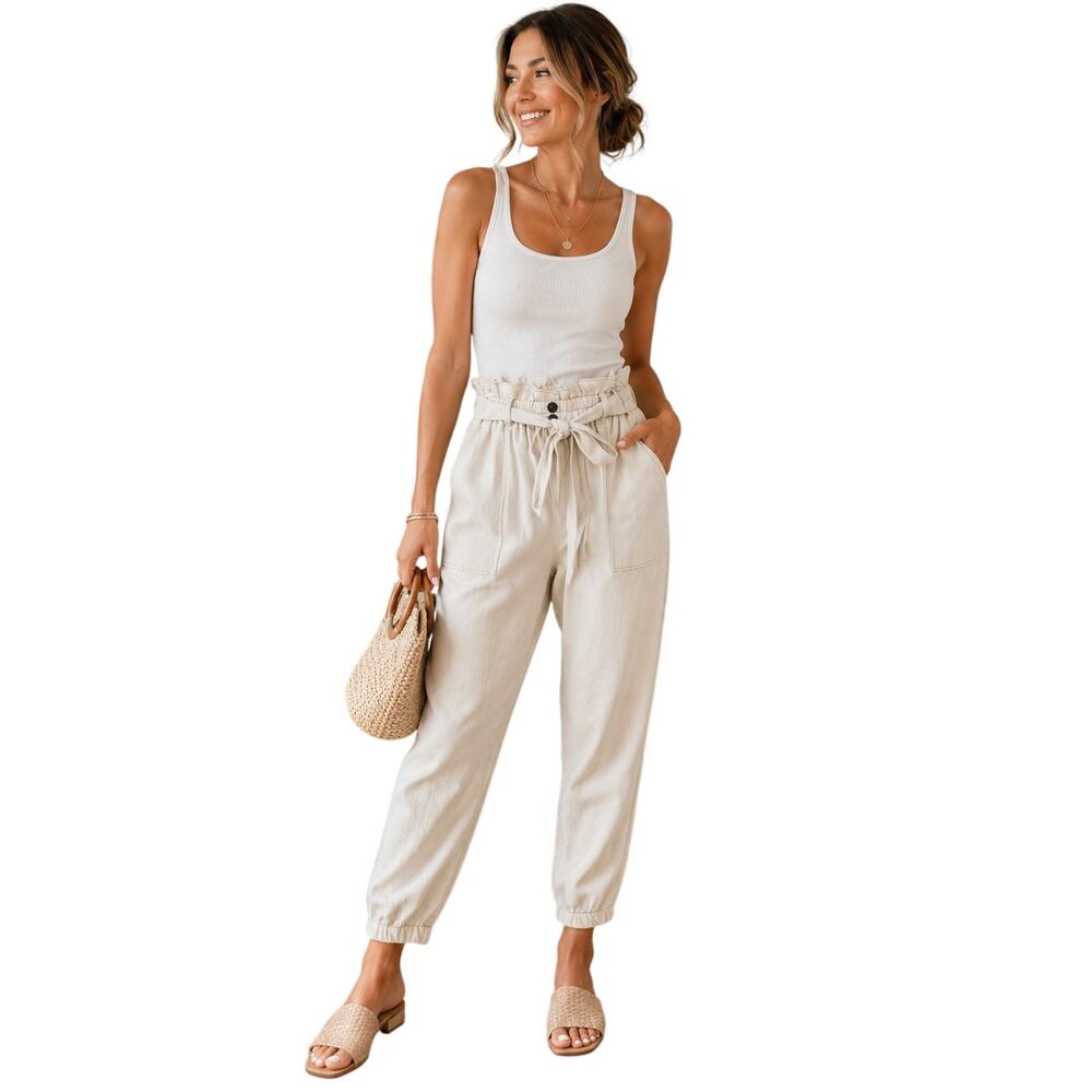 Sienna Sky Women's Cotton Linen Blend Paperbag Jogger Pants XL Beige